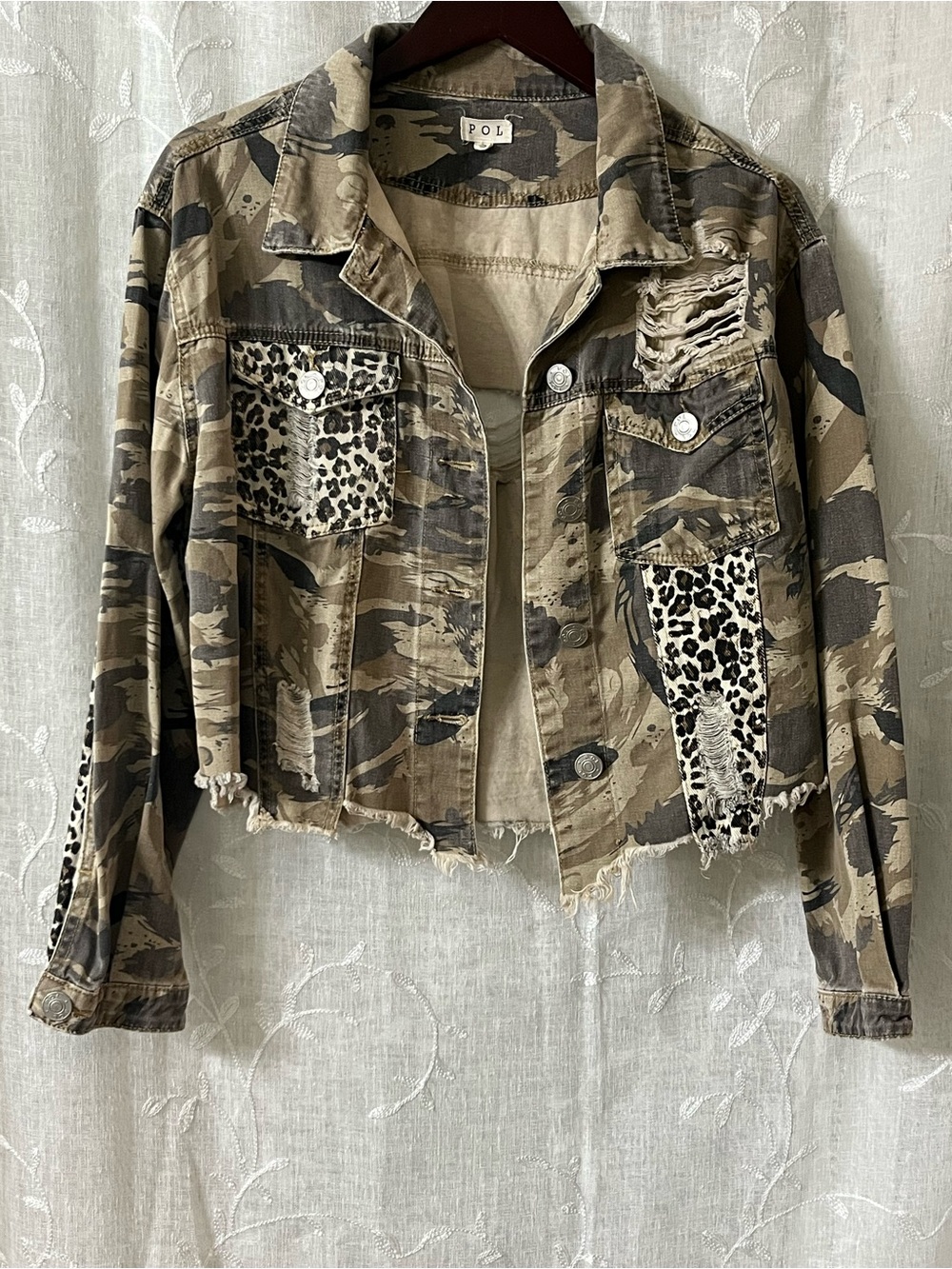 POL Camo Crop Jacket with Leopard Pocket Panels - Khaki/Tan Size S